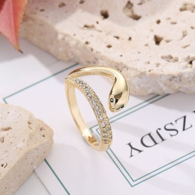 [COD] European and temperament micro-inlaid zircon serpentine ring fashion copper-plated 18K gold open female