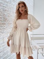 ♦❀ ocehrk Vestido de babados feminino cintura alta linha A pulôver apertado gola quadrada manga longa vestidos elasticidade 2023