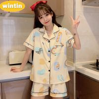 Wintin Pajamas Womens Summer Short-Sleeved Suit Student Girl Shorts Sweet Cute Cardigan Lapel Cartoon Korean Homewear