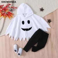 2023 3-24M Toddler Halloween Set Jumpsuit Ghost Cape Hoodie + Black Pants Set Cape Hat Blanket Funny Cosplay Clothes Girls Boys Cloak