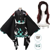 Anime Demon Slayer Kamado Tanjirou Cosplay Costume Kimono Skirts Full Set Wig Role Play For Women Halloween Eve Party Carnival