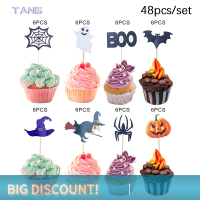 ?【Lowest price】TANG 48pcs ฮาโลวีนคัพเค้กตกแต่งการ์ตูนผีแม่มด Boo เค้ก Topper เด็กโปรดปรานถ้วยเค้ก Topper Happy Halloween PARTY Supplies