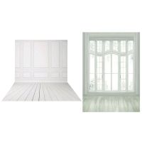 2Pcs 3X5Ft Vinyl Photography Backdrops Wedding Background for Photo Studio - White Brick Wall Wood Floor &amp; European Window Floor