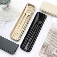 4PCS/Set Cutlery Tableware Spoon Fork Chopsticks Safe Wheat Straw Dinnerware With Box Travel Use Portable Kitchen Accessories Flatware Sets