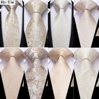 Hi-Tie Champagne Beige Floral Solid Design Silk Wedding Tie For Men Quality Hanky Cufflink Fashion Nicktie Business Dropshipping Ties