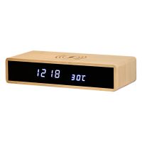 LED Wood Ultra-Thin 10W Wireless Charging Wood Clock Desktop Mute Sleepy Alarm Clock LED Mirror Clock