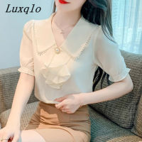 Luxqlo เสื้อสตรีแขนสั้นคอวีทรงหลวมลำลองสำหรับผู้หญิงเสื้อฤดูร้อน