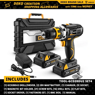 DEKO GCD20DU2 ไขควงไฟฟ้า 20 โวลต์สูงสุดสว่านไร้สายไดร์เวอร์พลังงานขนาดเล็ก 1/2 นิ้ว 2-Speed BMC กล่อง 85 ชิ้นอุปกรณ์เสริม DEKO GCD20DU2 ไขควงไฟฟ้า 20 โวลต์สูงสุดสว่านไร้สายไดร์เวอร์พลังงานขนาดเล็ก 1/2 นิ้ว 2-Speed BMC กล่อง 85 ชิ้นอุปกรณ์เสริม