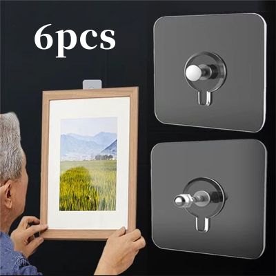 6Pcs PVC Wall Hooks Strong Adhesive Nails Wall Poster Seamless Waterproof Durable Transparent Kitchen Bathroom Screw Hook Hanger Picture Hangers Hooks