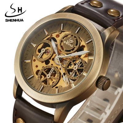 SHENHUA นาฬิกาข้อมือออโตเมติกสำหรับผู้ชาย,นาฬิกาข้อมือหนังสีบรอนซ์แบบย้อนยุคนาฬิกากลไก