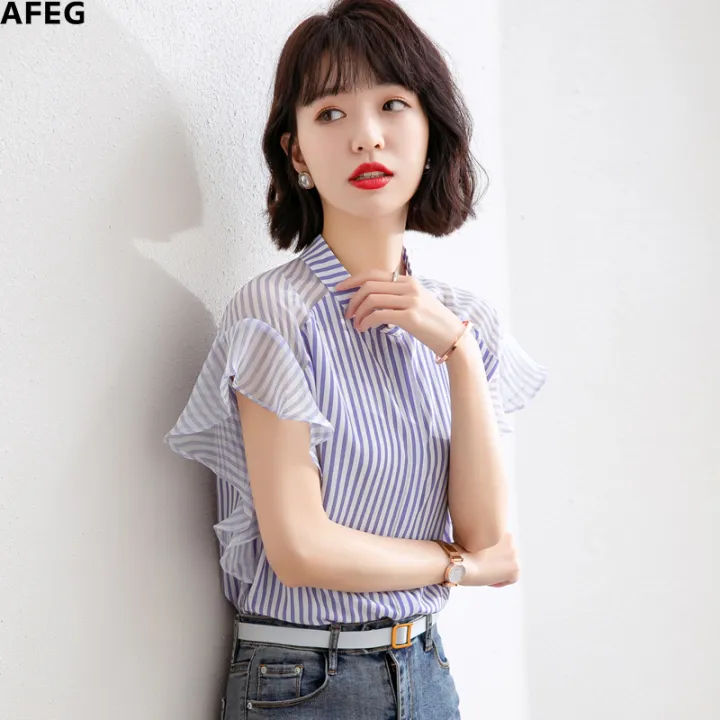 AFEG ใหม่เกาหลีคอกลมแฟชั่นหลวมและอเนกประสงค์ลายแขนสั้นเสื้อสำหรับสตรี ...