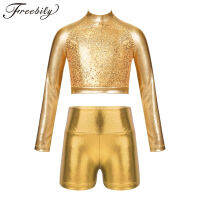 AKids Girls Glossy Metallic Jazz Dance เครื่องแต่งกายแขนยาว Sequins Crop Top กางเกงขาสั้นเด็ก Hip Hop เสื้อผ้าชุด Dancewear SetsM