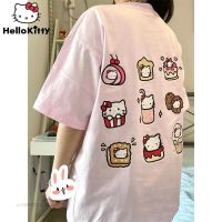 Sanrio Clothes น่ารักอะนิเมะ Hello Kitty Y2k เสื้อยืดแบบหลวมเสื้อยืดคอกลมฤดูร้อนของผู้หญิงเสื้อผ้าผู้หญิงเสื้อเกาหลีหวานสีชมพู