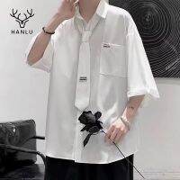 ✜♂☍ HANLU เสื้อเชิ้ตผู้ชาย วรรณกรรมเยาวชนนิยมเสื้อใหม่ของผู้ชายอารมณ์อินเทรนด์ขี้เกียจ แขนสามส่วนสีทึบเข้ากันทั้งหมด