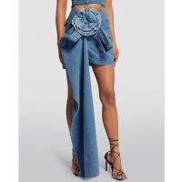 bettergirlEuropean and American sexy celebrity style 2023 new mid waist side flower design short irregular denim patchwork skirt