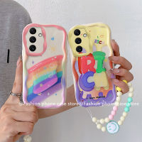 Phone Case เคส Samsung Galaxy A54 A34 M54 A24 LTE 5G 4G A04s A71 A51 A03s A02s A11 ลายการ์ตูนสายรุ้งน่ารักกรอบสีครีมเคสมือถือกันกระแทกนุ่มพร้อมสร้อยข้อมือหน้ายิ้ม