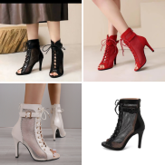 3 màu size 35- 40 Giày boot lưới nữ cổ ngắn CỘT DÂY ôm chân màu đen đỏ