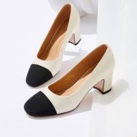 HOT★Women heels Medium-heeled Shoes Womens 2023 New Apricot French Shallow Thick Heel Shoes Simple Commuter Womens Shoes