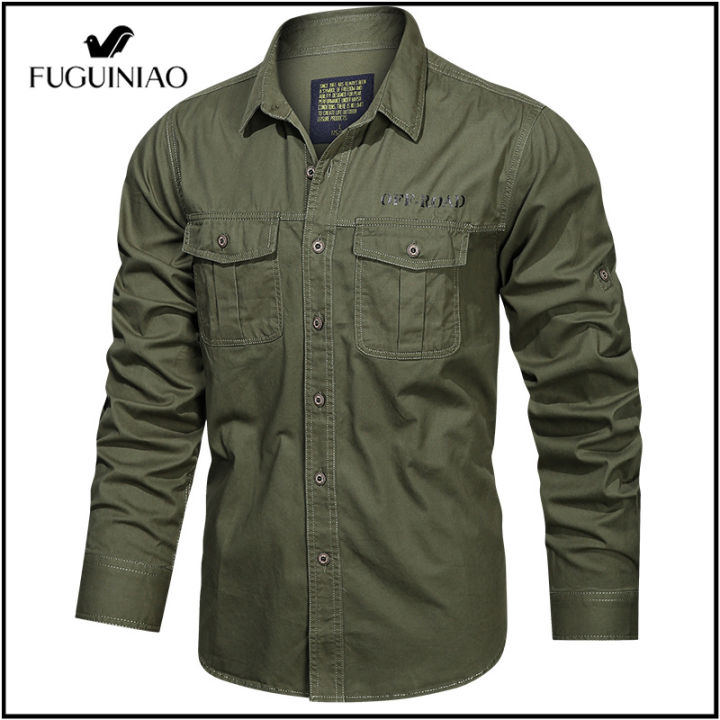 fuguiniao-เสื้อเชิ้ตลำลองมาใหม่2022-เสื้อผ้าฝ้ายผู้ชายเสื้อทหารเสื้อลำลอง