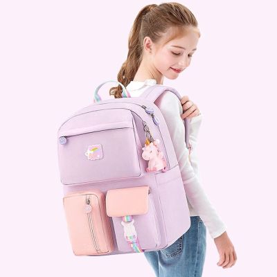 Girl Cute Cartoon Backpack Hit Color School Bag Kids Student Bookbag Casual Travel Women Backpack Daypack with Pendant Child Bag