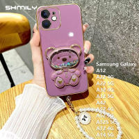 Shmily เคสโทรศัพท์แฟชั่นสำหรับ Samsung Galaxy A12 A22 4G A22 5G A32 4G A32 5G A52 A42 4G A52 5G A52S 5G A72 4G A14 5G เคสนิ่มเคลือบอิเล็คโทรเพลทดีลักซ์ทรายซิลิโคนเคสโทรศัพท์กระจกเครื่องสำอางรูปหมีมีสร้อยข้อมือไข่มุก