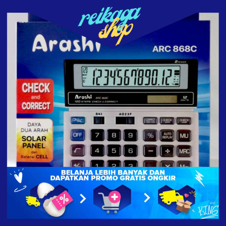 Kalkulator Meja 12 Digits 2 Arah Solar Panel Baterai Arashi Arc868c