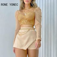 【LZ】✽  Mulheres chiques mangas compridas curto tops lantejoulas retalhos malha corrente decoração bodycon mini saia sexy curto conjuntos