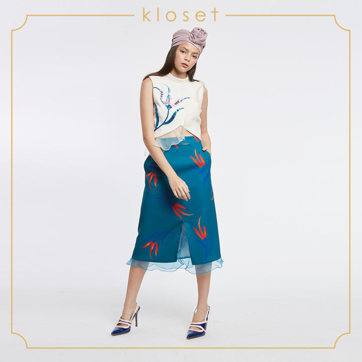 kloset-printed-draped-skirt-aw18-s004-เสื้อผ้าแฟชั่น-เสื้อผ้าผู้หญิง-กระโปรงแฟชั่น-กระโปรงทรงเอ-กระโปรงพิมพ์ลาย