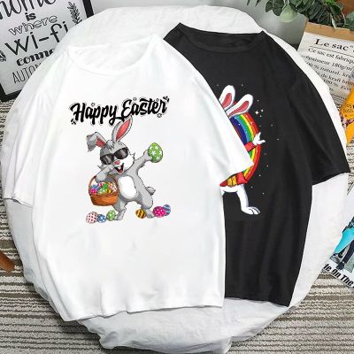 Happy Easter เสื้อยืดแขนสั้นพิมพ์ลายกระต่ายสุดเท่เสื้อยืดแฟชั่นคอกลมแขนลำลองขาสั้นพิมพ์ลาย100%