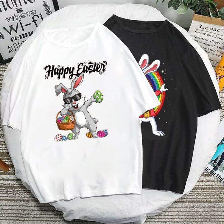 happy-easter-เสื้อยืดแขนสั้นพิมพ์ลายกระต่ายสุดเท่เสื้อยืดแฟชั่นคอกลมแขนลำลองขาสั้นพิมพ์ลาย100