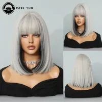 Highlight Platinum Straight Hair Short Bobs Wigs With Bangs Synthetic Women Wig Lolita Cosplay Party Daily Use Heat Resistant