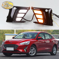 SNCN ไฟหน้ารถ LED กลางวัน2ชิ้น12V สำหรับ2019 Ford Focus 2018ไดนามิก Daylights สัญญาณสีเหลืองรถไฟตัดหมอก DRL