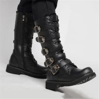 Mens Leather Motorcycle Boots Mid-calf Military Combat Boots Gothic Belt Punk Boots Men Shoes Tactical Army Boot