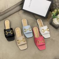 New style leather slippers with horse buckle in spring 2023 GGˉ Womens versatile square head flat bottom outer slippers