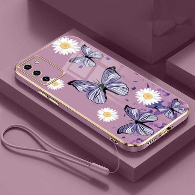 เคส S20 Samsung S20พิเศษ FE + บวก S10 Galaxy Note 20 Ultra 10 Lite เคสโทรศัพท์ลายดอกไม้ผีเสื้อชุบมันวาวปลอกพร้อมสายคล้องกันกระแทก