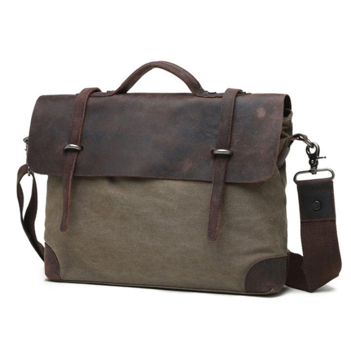 กระเป๋าแล็ปท็อปสำหรับ-กันน้ำกระเป๋า-messenger-ผู้ชายผ้าใบทหารน้ำมันผ้าใบกระเป๋าสะพายหนังแท้กระเป๋าแล็ปท็อป