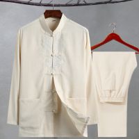 Traditional Chinese Men Hanfu Set Cotton And Linen Shirt&amp;Pants Tang Suit Male Plus Size Embroidery Dragon Tai Chi Clothing