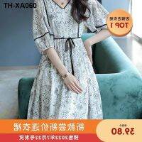 Xia Qiou new trendy V-neck lace print dress for women 2022 summer slimming waist half sleeve