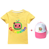 Cocomelon แขนเสื้อสั้นเด็กผู้ชายเสื้อยืดหญิงเสื้อยืดคอกลมพิมพ์ลายหมวกการ์ตูนการจับคู่เสื้อผ้าเด็กเสื้อยืดแขนสั้น + หมวกแฟชั่น1094เด็กเสื้อผ้าสบายๆฤดูร้อนหลวมกีฬา Tops