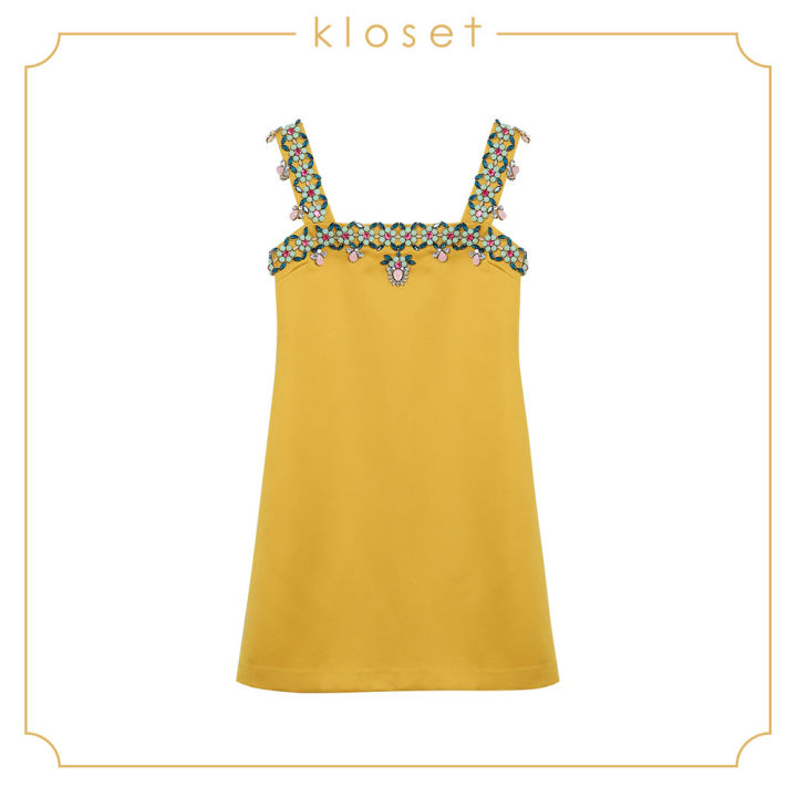 kloset-embellished-short-dress-ss19-d001-เดรสผู้หญิง-เสื้อผ้าผู้หญิง-เสื้อผ้าแฟชั่น-เดรสสั้น-เดรสปัก-เดรสสายเดี่ยว