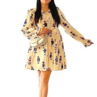 P010-218 PIMNADACLOSET - V Collar Neck Long Sleeve Button Down Front Pockets Bear Print Shirt Dress