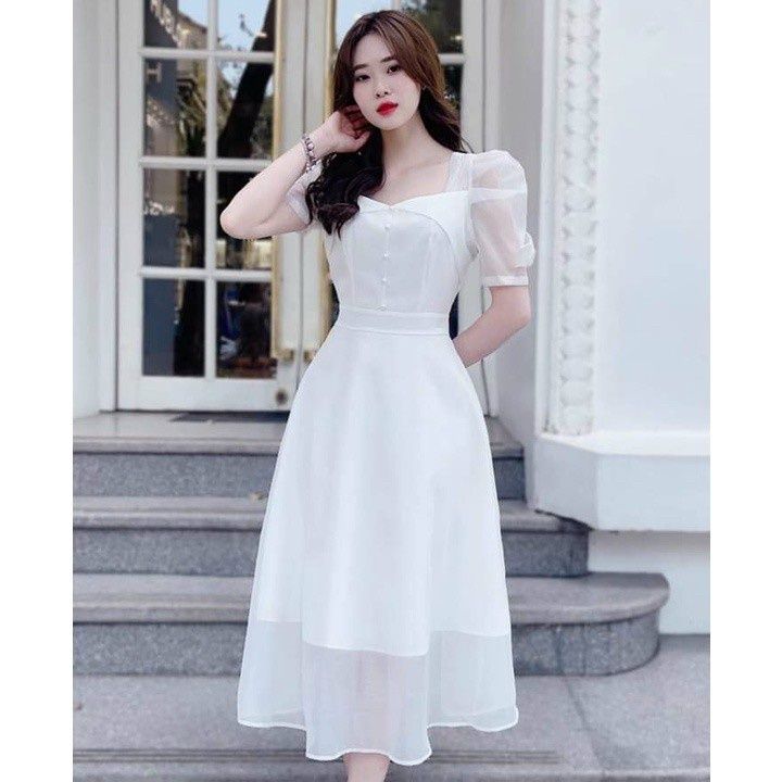 HND Fashion] - Váy Đầm trắng dự tiệc đính nút chất vải voan tơ ...