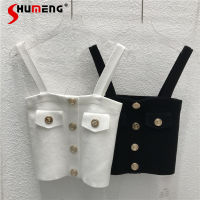 Letter Metal Buckle Slim Fit Slimming Knitted Spaghetti Straps Vest Womens 2022 Spring New Inner Outer Wear Camisole Short Top