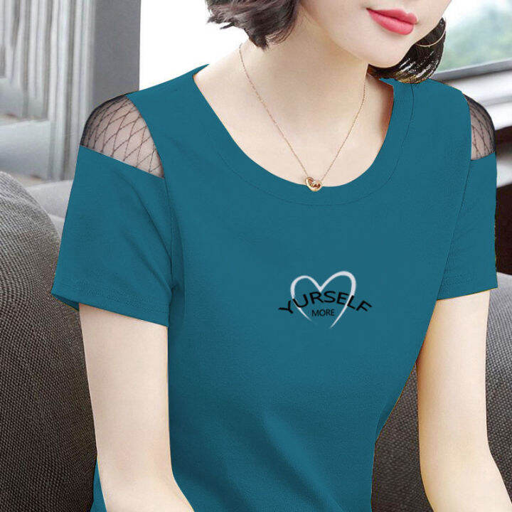 Korean Style T Shirt For Women 2026.Korean Style T-shirt for Women Hollow Round Neck Slim Tops Summer Short ...