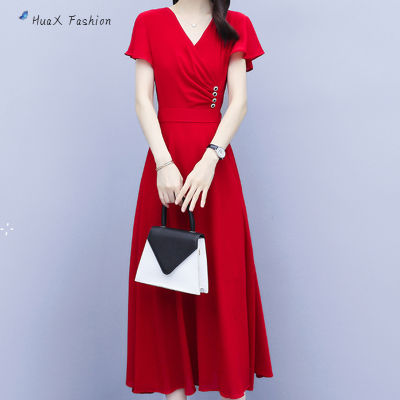 HuaX Women Dress Fashion V-Neck Short-Sleeve Skirt Solid Color Waist-Slimming Long Skirt