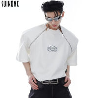 Suikone ซิปไหล่บุนวมแขนสั้นชุดเสื้อคอกลมเสื้อยืดลายเรียบสำหรับผู้ชาย