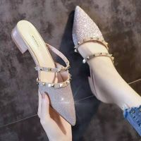 2021 spring Baotou high-heeled shoes half slippers womens outer wear thick-heeled rivets all-match2021春包头高跟鞋半拖鞋女外穿粗跟铆钉百搭尖头柳钉凉拖女