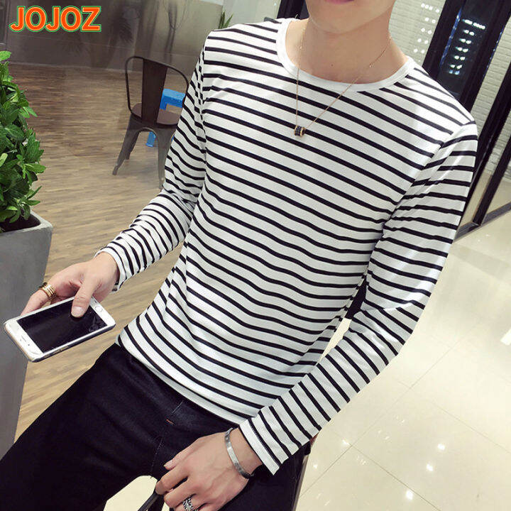 jojoz-เสื้อยืดลายทางผู้ชายแฟชั่นแขนยาวเสื้อท็อปส์สบายๆหลวมแบบคอกลม