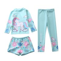 ☬☊♘ HappyFlute New Kids Swimsuit Cute Printed Girls Swimwear 3Piece With Long Sleeve Sun Protection Children Summer Beach Cloth