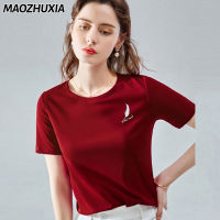 MAOZHUXIA ผู้หญิงเสื้อยืดคอกลมสีทึบพิมพ์สั้นเสื้อยืด